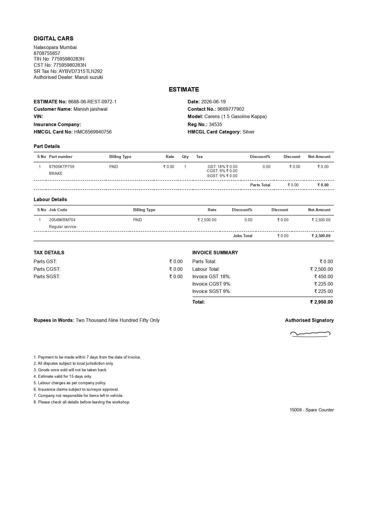 Service estimate
