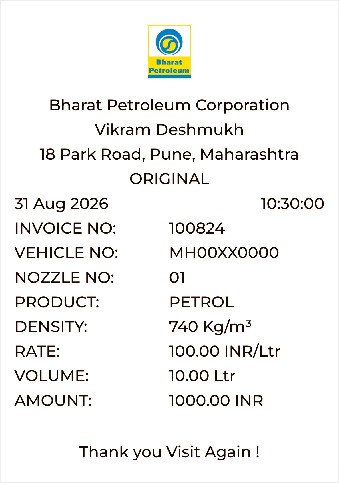Petrol pump fuel bill generated with OnlineBiller