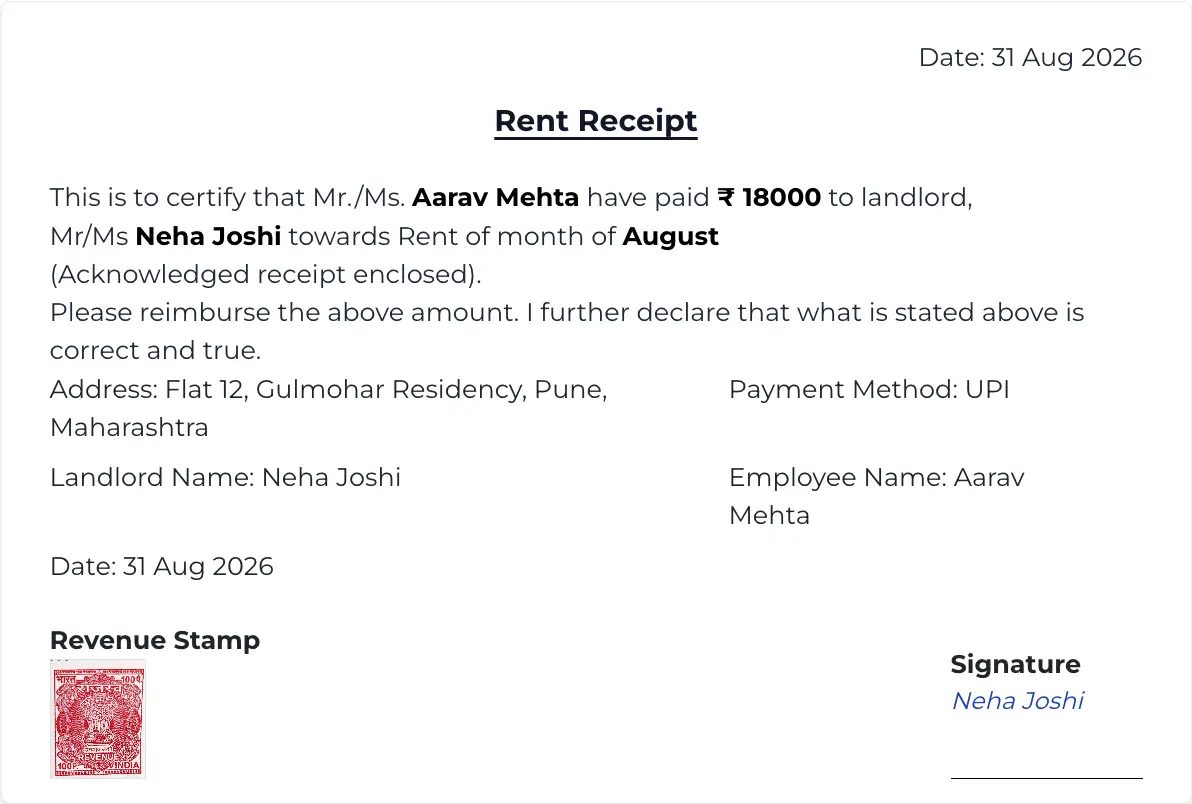 Rent receipt generated with OnlineBiller