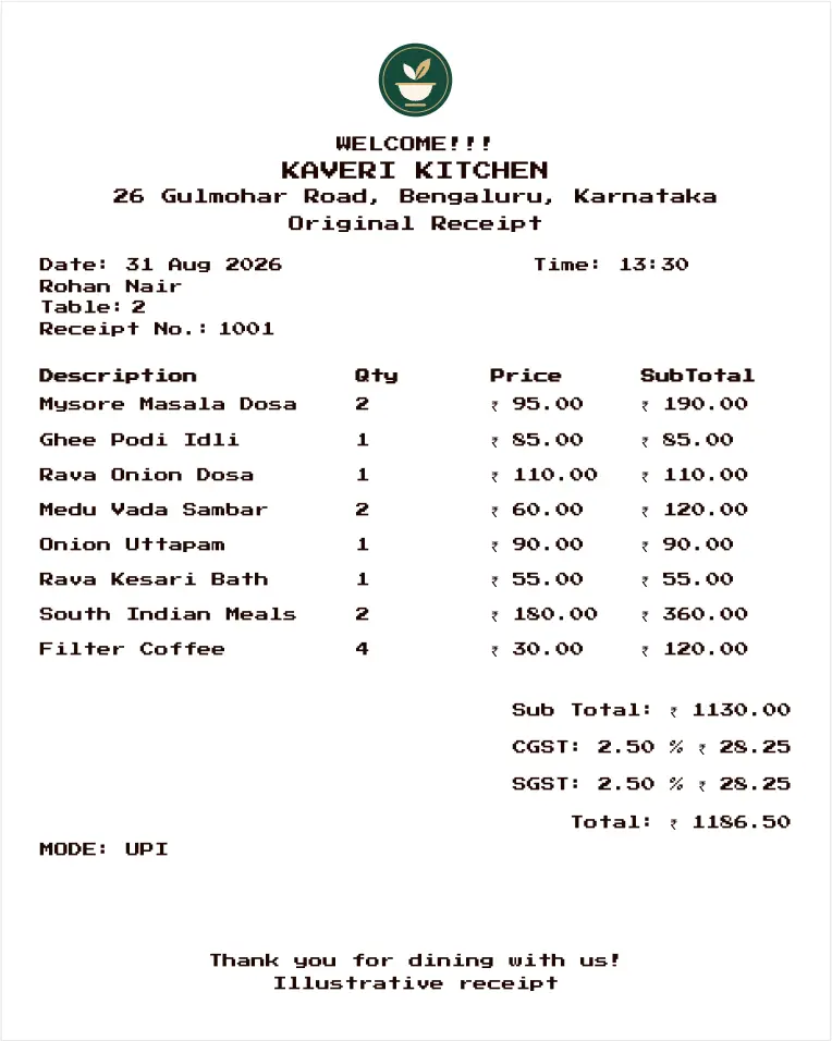 Restaurant thermal receipt generated with OnlineBiller